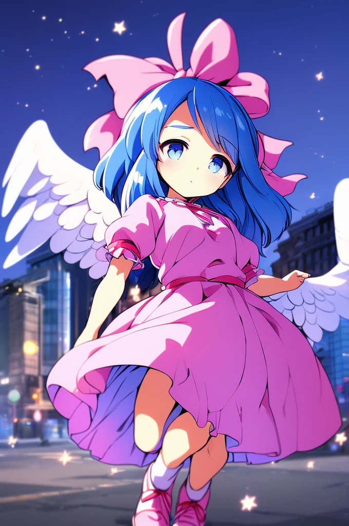 masterpiece, best quality, 1girl, , , 10 years old, medium blue hair, hair flaps, pink ribbon on head, well-formed face, blue eyes, angel girl, white blouse, puffy short sleeves, red ribbon, angel wings, long white skirt, red shoes, frills, ribbon head