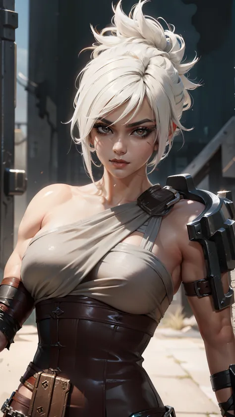 (Masterpiece:1.2), best quality, riven \(league of legends\), 1girl, sarashi, muscular female, abs, white hair, black eyeshadow,...