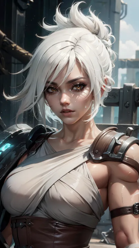 (Masterpiece:1.2), best quality, riven \(league of legends\), 1girl, sarashi, muscular female, abs, white hair, black eyeshadow,...