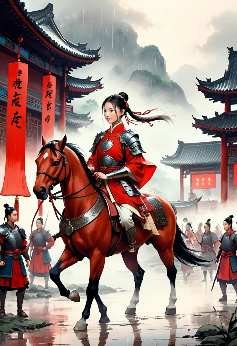 There is light rain under the sky, with elegant colors.A young ancient Chinese girl, with her hair tied up high, dressed in red and ancient armor, leading a horse， the background is the lively fair,the big scene, the big scene,Atmospheric , in style of faint watercolor