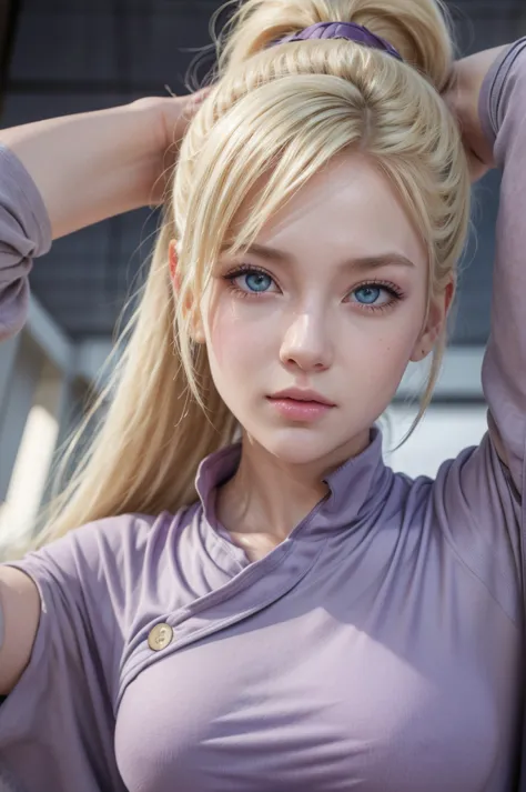 Ino from naruto, realistic, age 25, pure white skin, blue pupils, blonde ponytail hair, side fall hair, front button purple ninj...