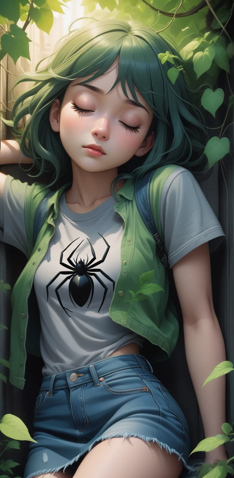 anime illustration of pretty young woman, (t-shirt and denim skirt), sleeping, closed eyes, open mouth, tree branches, big green vines around neck, large spider web, dark night alley scenery,