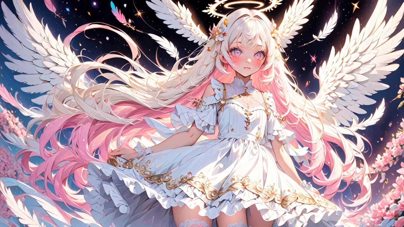 1girl, glowing halo above head, shoulder length white blonde hair, white feathery angel wings, star eyes, skin texture, freckles, blush, eyelashes, lacy pink and white dress, thigh high socks with lace detail, colorful,