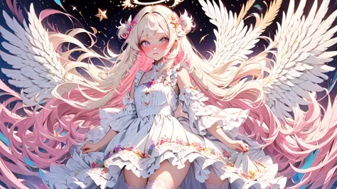 1girl, glowing halo above head, shoulder length white blonde hair, white feathery angel wings, star eyes, skin texture, freckles...