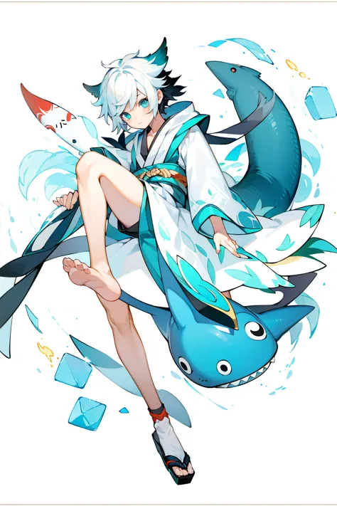 (1 Boy), solo, solo, Full-body portrait, Shark Tail, Blue hoodie, Cute Shota，Shorts，White background, The Detailed Art of the On...