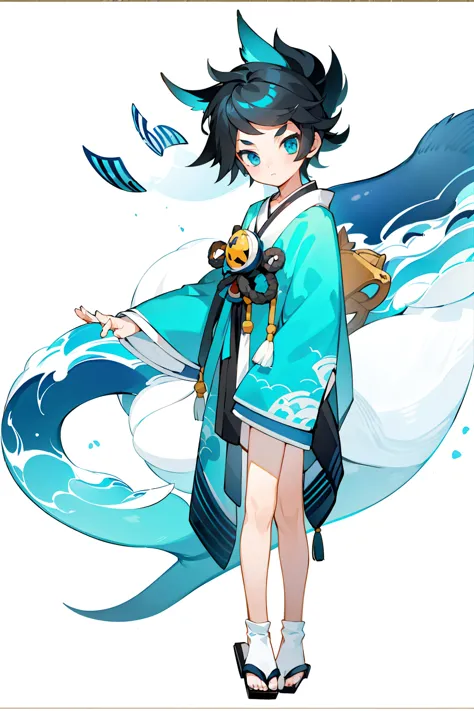 (1 Boy), solo, solo, Full-body portrait, Shark Tail, Blue hoodie, Cute Shota，Shorts，White background, The Detailed Art of the On...