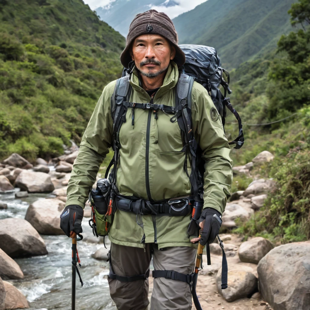 , 45 year old time-tourist, HDR10, cinematic, full body, detailed face, medium body; (time tourist from the future), (various high-tech futuristic tourist outdoor gear), (sleeping pad), weather-resistant clothing, (sturdy boots), (nepal wool hat), (a sci-fi backpack with multitools and ropes), (survival gloves), (survival knife), (futuristic compass), (trail trekking poles); Masterpiece, (lighting), (1solo)