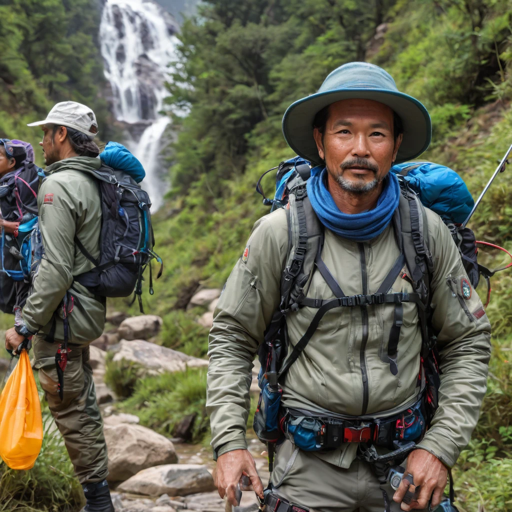 , 4 Zeit-Touristen, HDR10, filmisch, Ganzkörper, Detailliertes Gesicht, mittlerer Körper; (Zeittourist aus der Zukunft), (Verschiedene futuristische High-Tech-Touristen-Outdoor-Ausrüstung), (Schlafkissen), wetterfeste Kleidung, (Festes Schuhwerk), (Nepalesische Wollmütze), (ein Sci-Fi-Rucksack mit Multitools und Seilen), (Survival-Handschuhe), (Überlebensmesser), (futuristischer Kompass), (Wanderstöcke); Meisterwerk, (Beleuchtung), (1solo)