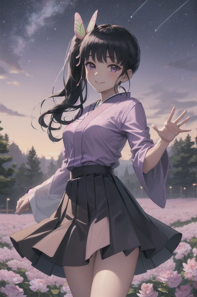 (masterpiece:1.3), (best quality:1.1), (8k, ultra detailed, ultra high res:1.2), ((anime style)), perfect 5 fingers, perfect anatomy, 
1girl,
Kanao Tsuyuri, 
BREAK long hair, side ponytail, 
black hair, 
purple eyes, 
butterfly hair ornament, 
(medium breasts:0.9),  
BREAK purple shirt, pleated skirt, white haori, 
smile, 
looking at viewer, 
cowboy shot, 
perfect light, 
waving, waving arms, outdoors, forest, field, night, night sky, starry sky,