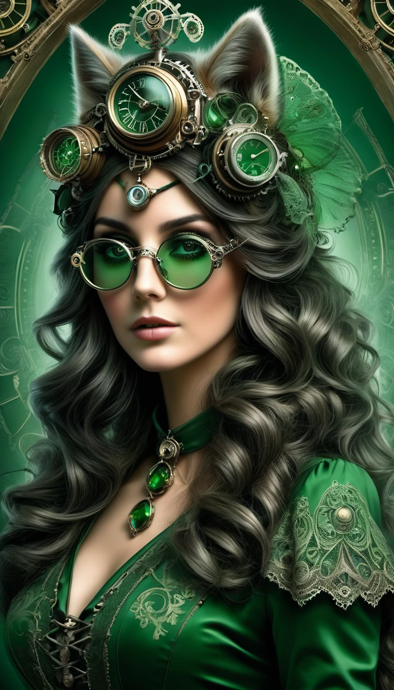 Un portrait hyperréaliste d’une sublime femme heureuse aux longs cheveux vert sombre foncé, portant une robe en dentelle blanche avec des accessoires steampunk, (elle porte des lunettes mécanique de style steampunk, ((lunettes de forme fractales avec un système complexe formé de loups et d’accessoires d'optique)),système très détaillé), cheveux_très_longs, situé dans une pièce de style victorien avec des éléments mécaniques, poitrine décolletée effet push-up , regard intense et sensuel 