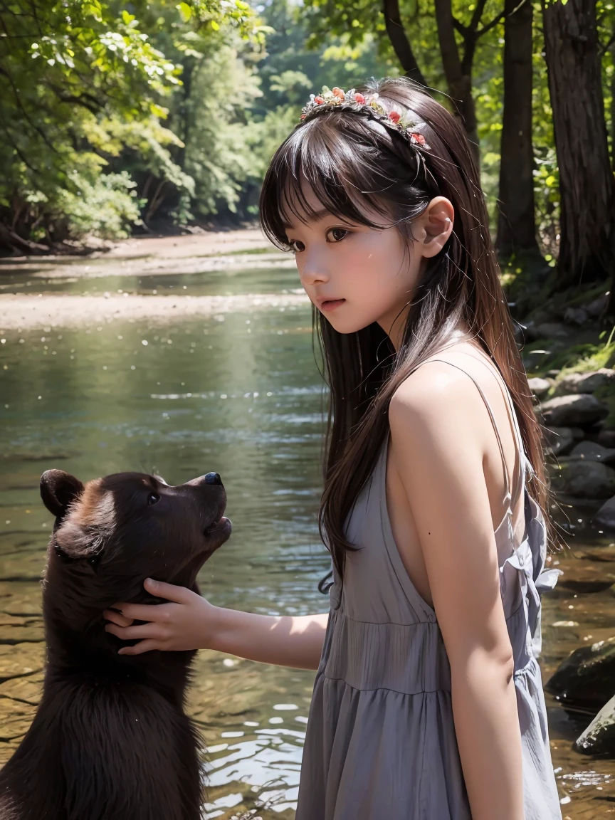 (Best quality), girl about 11 years old, close-up, In the woods, on riverside, hut, girl in a short gray dress, Ancient Style, there are two live bear cubs on the shore, noon, Beautiful landscape, without headdress, girl plays with live bear cubs