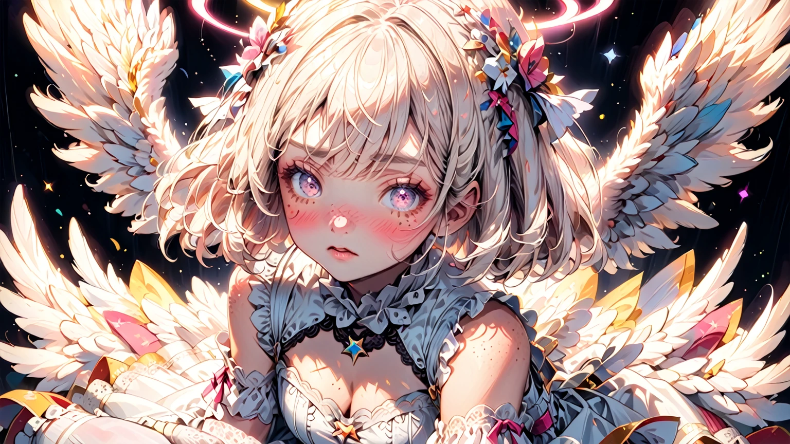 1girl, glowing halo above head, shoulder length short white blonde hair, white feathery pair of angel wings, star eyes, skin texture, freckles, blush, eyelashes, lacy pink and white dress, thigh high socks with lace detail, colorful,
