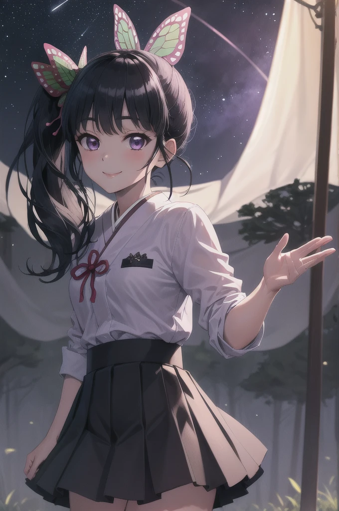 (masterpiece:1.3), (best quality:1.1), (8k, ultra detailed, ultra high res:1.2), ((anime style)), perfect 5 fingers, perfect anatomy, 
1girl,
Kanao Tsuyuri, 
BREAK long hair, side ponytail, 
black hair, 
purple eyes, 
butterfly hair ornament, 
(medium breasts:0.9),  
BREAK purple shirt, pleated skirt, white haori, 
smile, 
looking at viewer, 
cowboy shot, 
perfect light, 
waving, waving arms, outdoors, forest, field, night, night sky, starry sky,