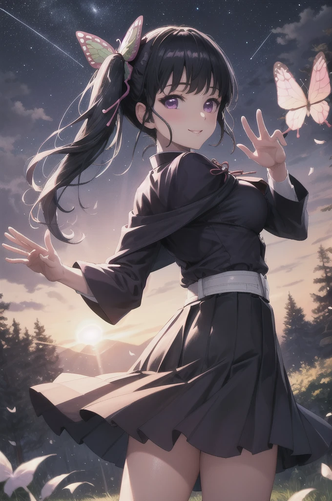 (masterpiece:1.3), (best quality:1.1), (8k, ultra detailed, ultra high res:1.2), ((anime style)), perfect 5 fingers, perfect anatomy, 
1girl,
Kanao Tsuyuri, 
BREAK long hair, side ponytail, 
black hair, 
purple eyes, 
butterfly hair ornament, 
(medium breasts:0.9),  
BREAK purple shirt, pleated skirt, white haori, 
smile, 
looking at viewer, 
cowboy shot, 
perfect light, 
waving, waving arms, outdoors, forest, field, night, night sky, starry sky,