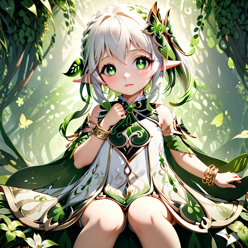 nahida (genshin impact) appears as a fair-skinned young woman with white hair styled in a side braid and a ponytail, and she has pointed ears. She has large green eyes and wears a large green headdress on one side of her head, which is also framed by uneven bangs. Additionally, she has flawless, perfect fingers and hands. Nahida's attire consists of a white dress adorned with green and gold details, loose sleeves of patterned green fabric, and a gold bracelet on her right wrist. Her dress is embellished with various green gems and decorated with intricate golden patterns. Underneath, she wears white trousers. On her back, she wears a split pale green cloak and white sandals surrounded by gold that expose her toes.