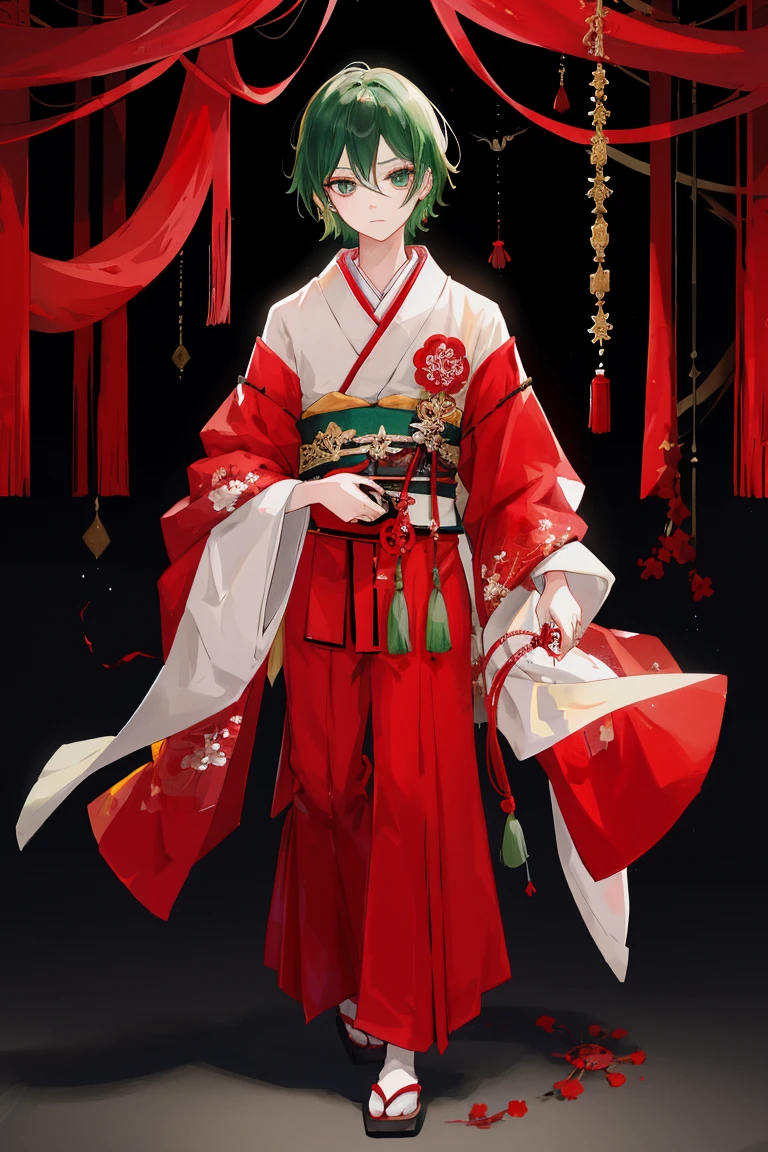 (Full-body portrait), Lonely, masterpiece，Highest quality，8K，1 boy，Dark green hair，Highest quality，masterpiece，very，Eyes focus on beautiful eyes， Japanese Clothing, Red licorice, Hell&#39;s Flower，Ghost，(白色background), background，masterpiece, Highest quality at best, Implications, , Beautifully detailed lighting, Beautiful and delicate eyes, diaphragm, Large forehead,The Detailed Art of the Onmyoji, Oriental traditional art style, Beautiful Style, Floating World, Biomechanical Robot Aesthetics, A nightmare reality, cable, and microchips, Create surreal visual effects. Volumetric lighting and 8K post-production bring ultra-detailed renders to life, Shades of red and white，Slightly black., masterpiece, Highest quality, Highest quality, Ultra-high resolution