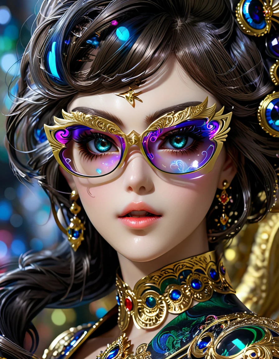 Fille Bayonetta ,porte des lunettes allongées de forme complexe très détaillées et pointues, lunettes de forme complexe fractale 