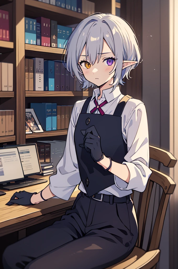 Cool male elf with blue and blue-purple heterochromia, Silver straight hair, Wearing a white shirt, Wearing slacks, Wearing black gloves, sitting at a desk surrounded by bookshelves, Looks tired, Thinking about something, (Highest quality,8K,High resolution,masterpiece), Highly detailed facial expressions, Intricate details, Natural light, Warm colors, Soft Focus, Digital Painting, Fantasy art, 