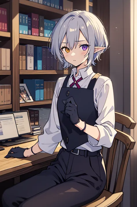 Cool male elf with blue and blue-purple heterochromia, Silver straight hair, Wearing a white shirt, Wearing slacks, Wearing blac...