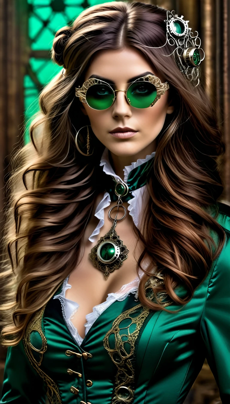 Un portrait hyperréaliste d’une sublime femme heureuse aux Longas cheveux vert sombre foncé, usando um vestido de renda branco com acessórios steampunk, (ela usa óculos mecânicos estilo steampunk, ((óculos em formato fractal com um sistema complexo formado por lobos e acessórios ópticos)),système muito détaillé), cheveux_muito_Longas, situado em uma sala de estilo vitoriano com elementos mecânicos, efeito push-up no peito decotado , olhar intenso e sensual 