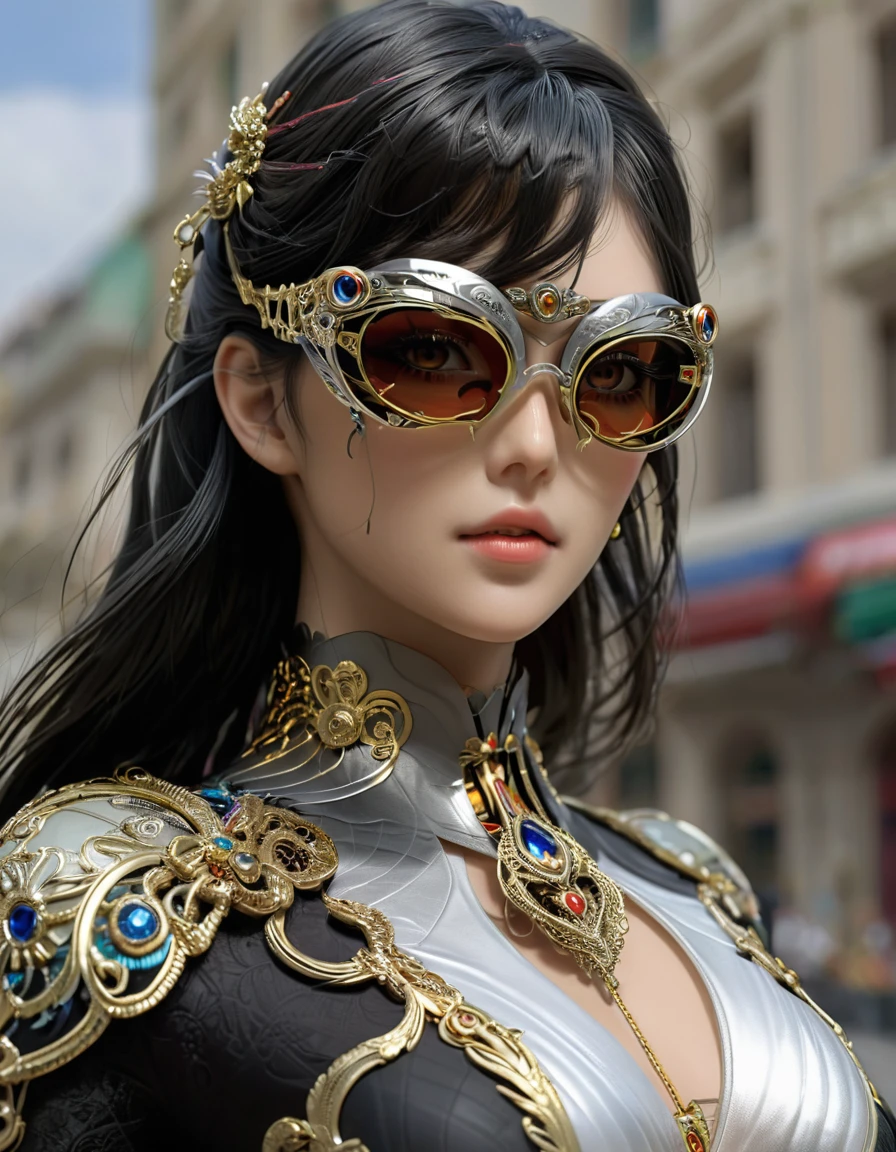 فتاة بايونيتا الواقعية ,يرتدي نظارات ممدودة ذات شكل معقد ومفصل للغاية, مدي شكل كسورية معقدة 