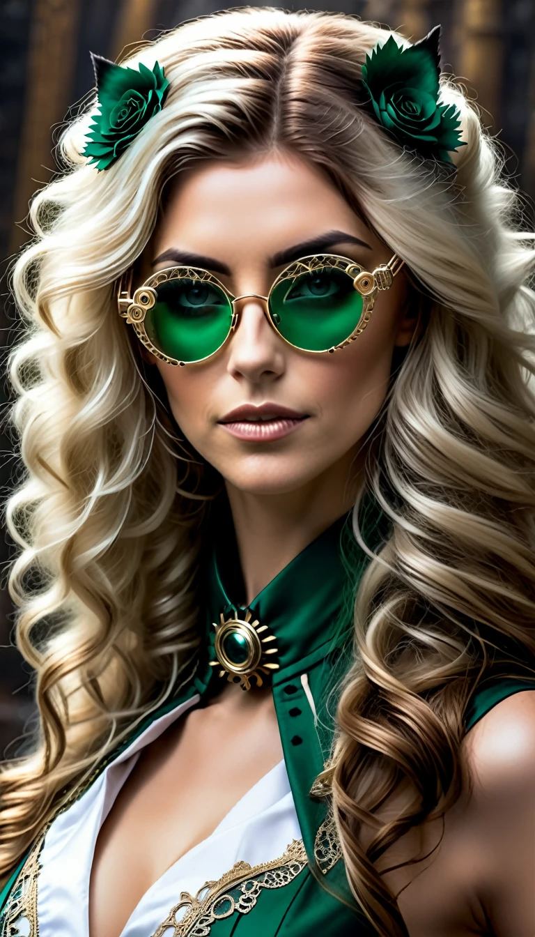 Un portrait hyperréaliste d’une sublime femme heureuse aux Pantalones largos pelo vert sombre foncé, vistiendo un vestido de encaje blanco con accesorios steampunk, (lleva gafas hechas de elementos mecánicos de estilo steampunk, ((Gafas con forma de fractal con un complejo sistema formado por lobos y accesorios ópticos.)),sistema muy detallado), pelo_très_Pantalones largos, ambientado en una habitación de estilo victoriano con elementos mecánicos, pecho escotado con efecto push-up , regard intense et sensuel 