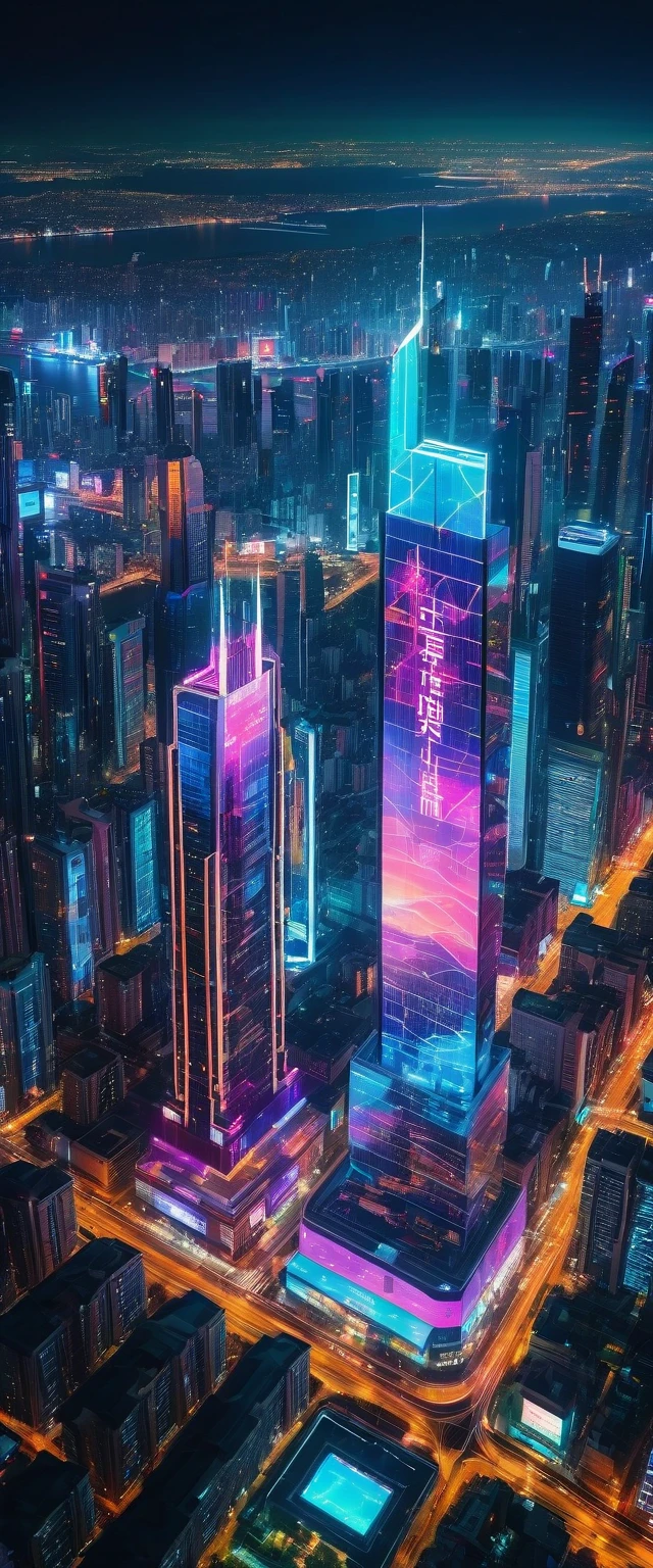 Highest quality,(masterpiece:1.2),Ultra-high resolution,RAW color photos,8K,Vast landscape photography,Realistic photos,Elaborate photos,Night view from the sky,Cyberpunk City,Skyscraper,neon,Projected Hologram,Depth of written boundary,Wide Light,Low Contrast,Backlight,Sharp focus,Vibrant colors,Dynamic composition
