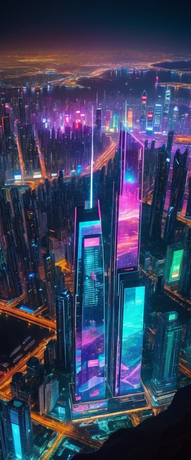 höchste Qualität,(Meisterwerk:1.2),ultrahohe Auflösung,Rohfarbfotos,8K,Weite Landschaftsfotografie,realistische Fotos,Aufwendige Fotos,Nachtansicht vom Himmel,Cyberpunk City,Wolkenkratzer,Neon,Projiziertes Hologramm,Tiefe der geschriebenen Grenze,Breites Licht,geringer Kontrast,Hintergrundbeleuchtung,scharfer Fokus,leuchtende Farben,dynamische Komposition
