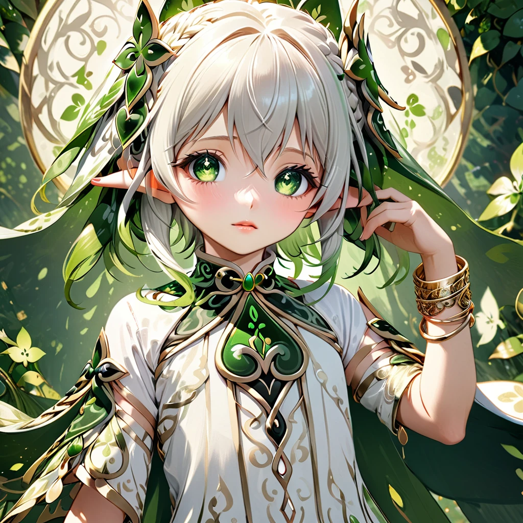 He appears as a fair-skinned young boy with gray hair styled in a side braid and a ponytail. He has large green eyes and wears a large green headdress on one side of his head, which is also framed by uneven bangs. Additionally, he has flawless, perfect fingers and hands. Nahida's attire consists of a white dress adorned with green and gold details, loose sleeves of patterned green fabric, and a gold bracelet on his right wrist. His dress is embellished with various green gems and decorated with intricate golden patterns. Underneath, he wears white trousers. On his back, he wears a split pale green cloak and white sandals surrounded by gold that expose his toes.