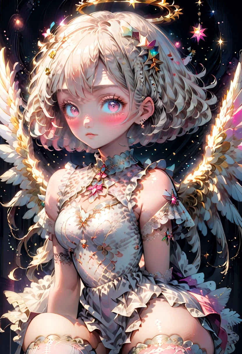 1girl, glowing halo above head, shoulder length short white blonde hair, angel wings, star eyes, skin texture, freckles, blush, eyelashes, jewelry, hairclip, lacy pink and white dress, thigh high socks with lace detail, colorful, simple illustration style,