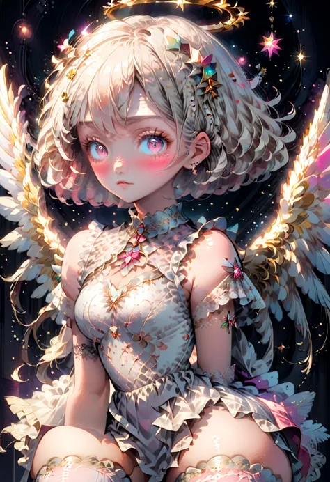 1girl, glowing halo above head, shoulder length short white blonde hair, angel wings, star eyes, skin texture, freckles, blush, ...