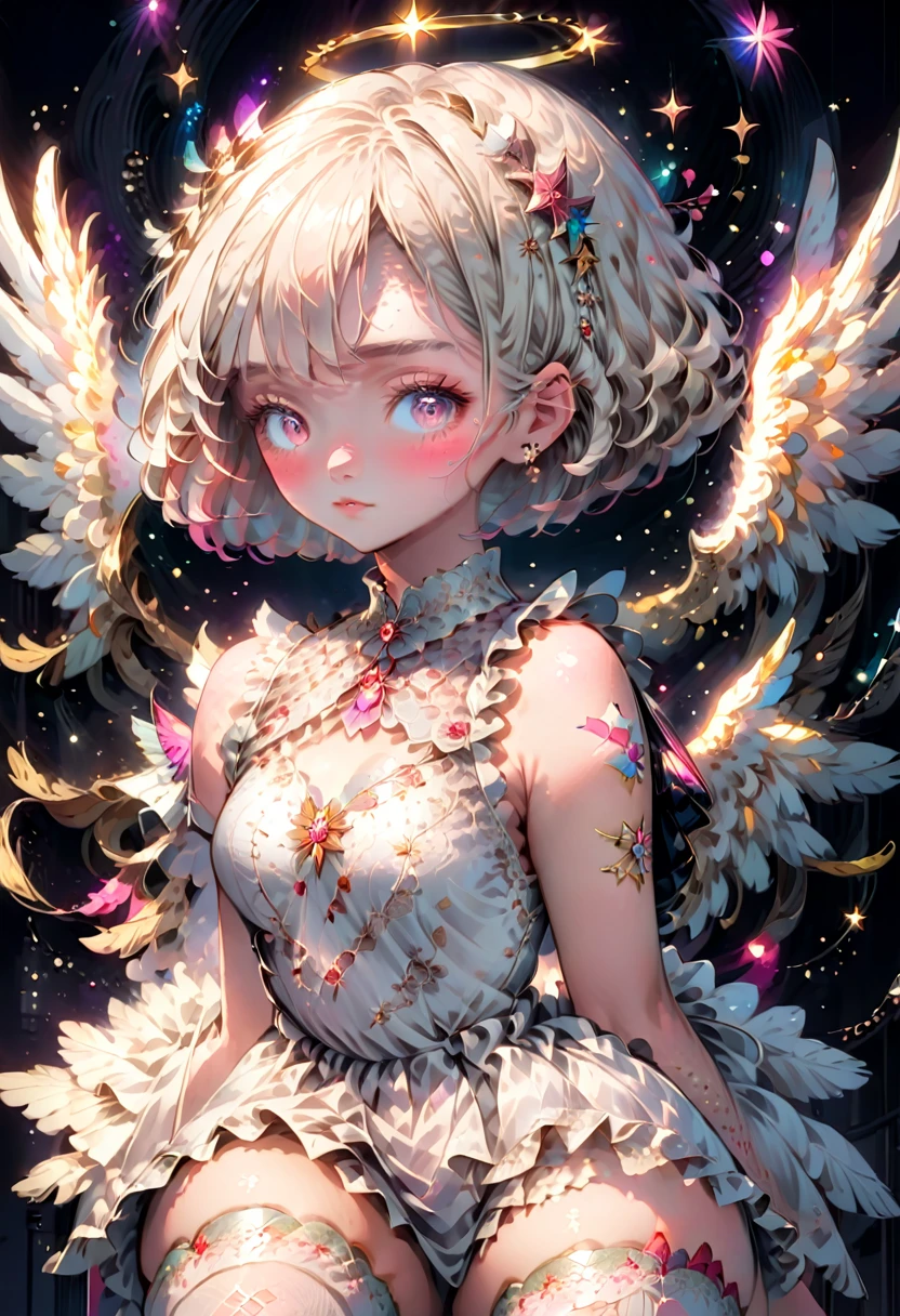 1girl, glowing halo above head, shoulder length short white blonde hair, angel wings, star eyes, skin texture, freckles, blush, eyelashes, jewelry, hairclip, lacy pink and white dress, thigh high socks with lace detail, colorful, simple illustration style,