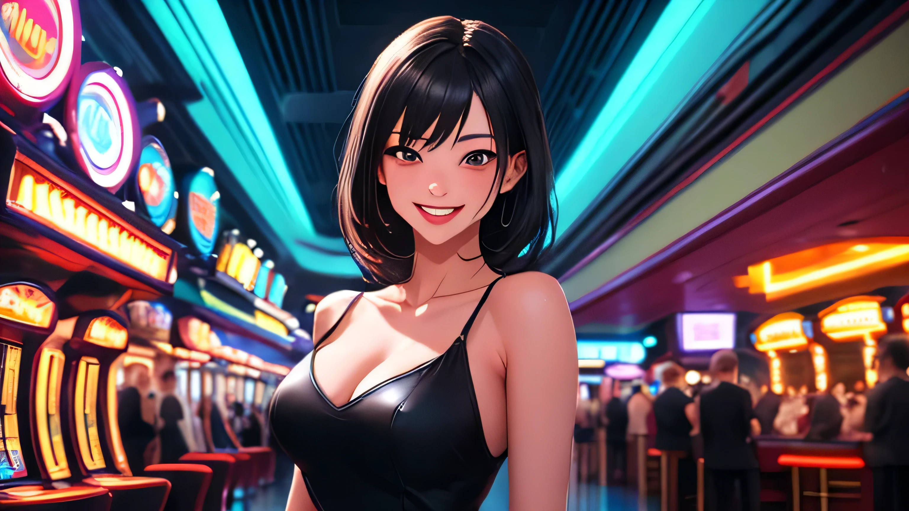 Masterpiece, best quality, 1 dealer girl, alone, look at viewer, chest, mature woman, collarbone, Random Hairstyles, cyberpunk, neon light, In the building, Casino, black tight dress, depth of field, playful mood,Big smile,The model is not in the center of the image.(left or right)