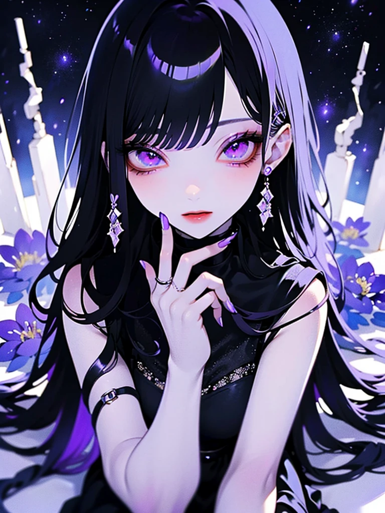 (​master piece),(top-quality:1.2),(8k anime),(perfect anatomy),(complete fingers),1 girl,beautiful detailed purple eyes,wearing purple and black dress,(Beautiful silky purple hair:1.2),black flower hairpin,sideways glance, Silky to the touch, Hyper Detail,create an ethereal atmosphere like a dream,film lighting,star sky,sitting outdoors,high contrast