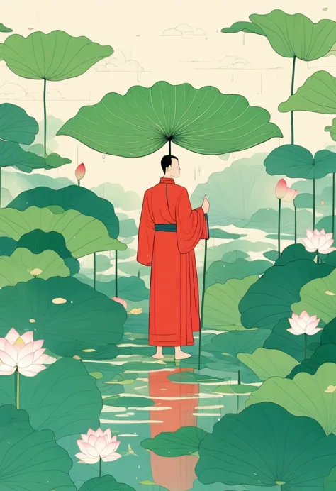 a man in red standing in the lotus pond, holding a large lotus leaf in hand. it was raining in the sky, the illustration is draw...