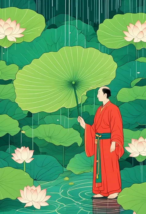 a man in red standing in the lotus pond, holding a large lotus leaf in hand. it was raining in the sky, the illustration is draw...