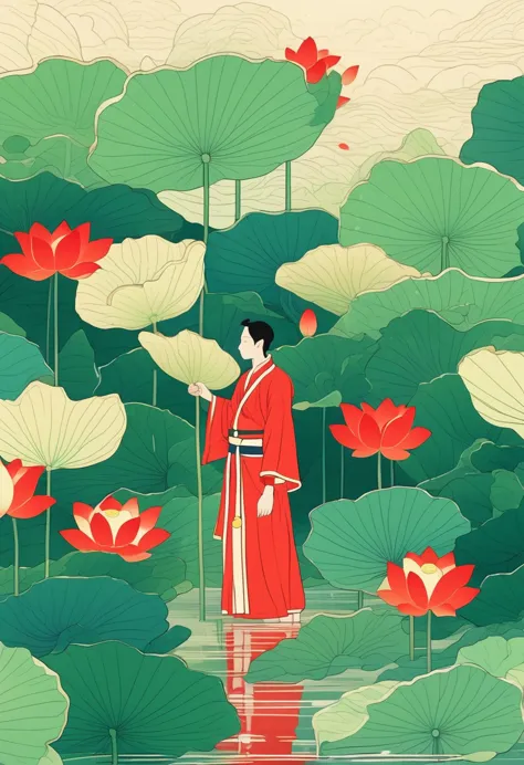 a man in red standing in the lotus pond, holding a large lotus leaf in hand. it was raining in the sky, the illustration is draw...