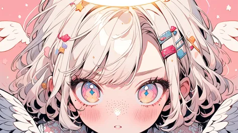 1girl, glowing halo above head, shoulder length short white blonde hair, angel wings, star eyes, skin texture, freckles, blush, ...