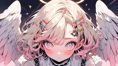 1girl, glowing halo above head, shoulder length short white blonde hair, angel wings, star eyes, skin texture, freckles, blush, ...