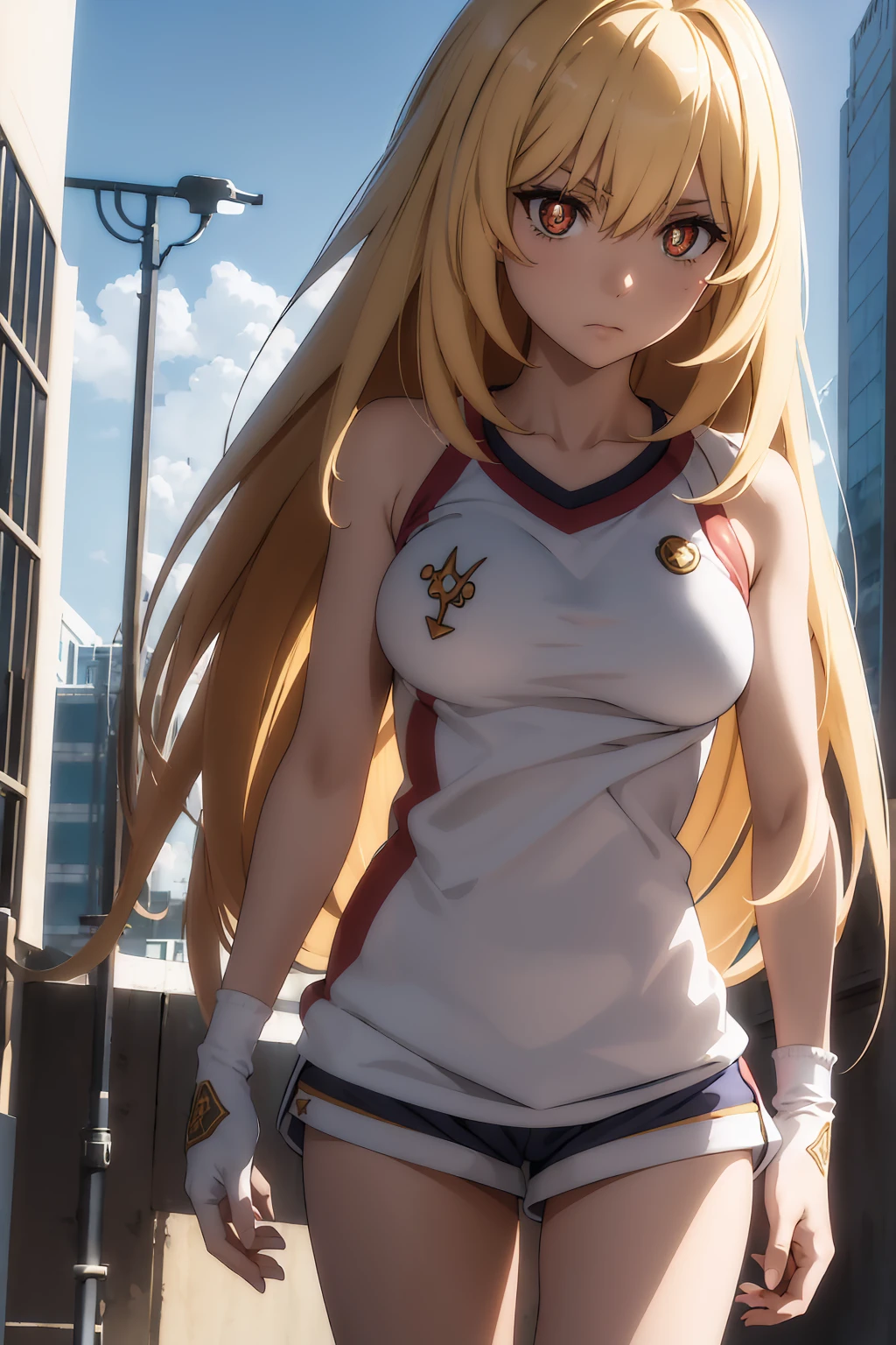 NSFW Highest quality, (masterpiece:1.2),{{shirtリフト}}　{{topless}},misakishokuhou, misaki shokuhou, blonde, Hair between the eyes, Long Hair, (Symbol-shaped pupil:1.5)＋＋, (Big Breasts), break bare shoulders, gloves, gym shirt, gym Shorts, Gym suit, shirt, short Shorts,  Gym suit, Shorts, White knee socks, break outdoor, city, null, sun, cloud, break looking at viewer, (Cowboy Shot:1.5), break (masterpiece:1.2), Highest quality, High resolution, unity 8k wallpaper, (shape:0.8), (Beautiful attention to detail:1.6), Highly detailed face, Perfect lighting, Extremely detailed CG, (Perfect hands, Perfect Anatomy),