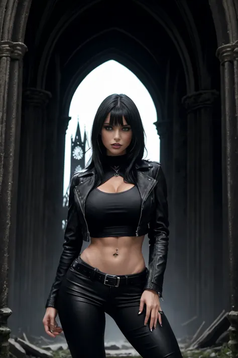 gothic rock woman long black hair with bangs, thin waist, thick thighs, big breasts, six pack abs, toned legs, biceped, leather ...