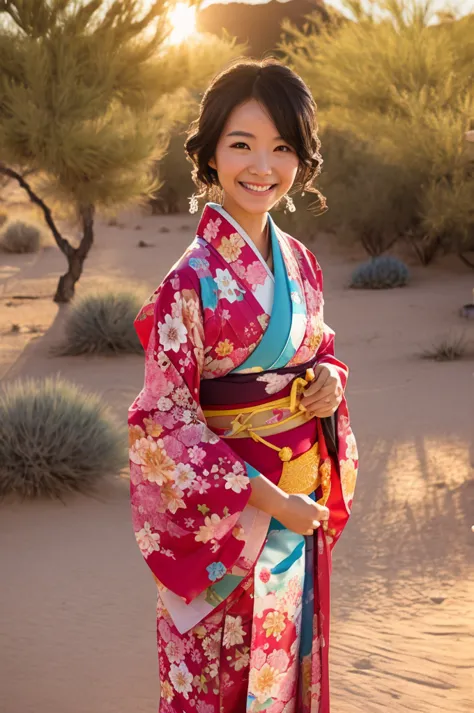 a beautiful smiling woman in a kimono in the sunlit desert