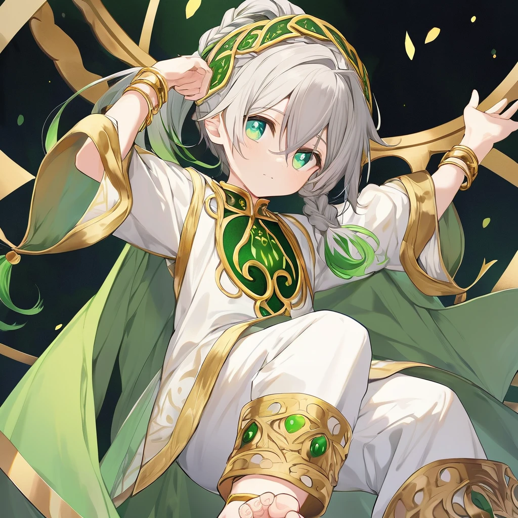 A boy appears as a fair-skinned young boy with gray hair styled in a side braid and a ponytail. He has large green eyes and wears a large green headdress on one side of his head, which is also framed by uneven bangs. Additionally, he has flawless, perfect fingers and hands. Nahida's attire consists of a white dress adorned with green and gold details, loose sleeves of patterned green fabric, and a gold bracelet on his right wrist. His dress is embellished with various green gems and decorated with intricate golden patterns. Underneath, he wears white trousers. On his back, he wears a split pale green cloak and white sandals surrounded by gold that expose his toes.