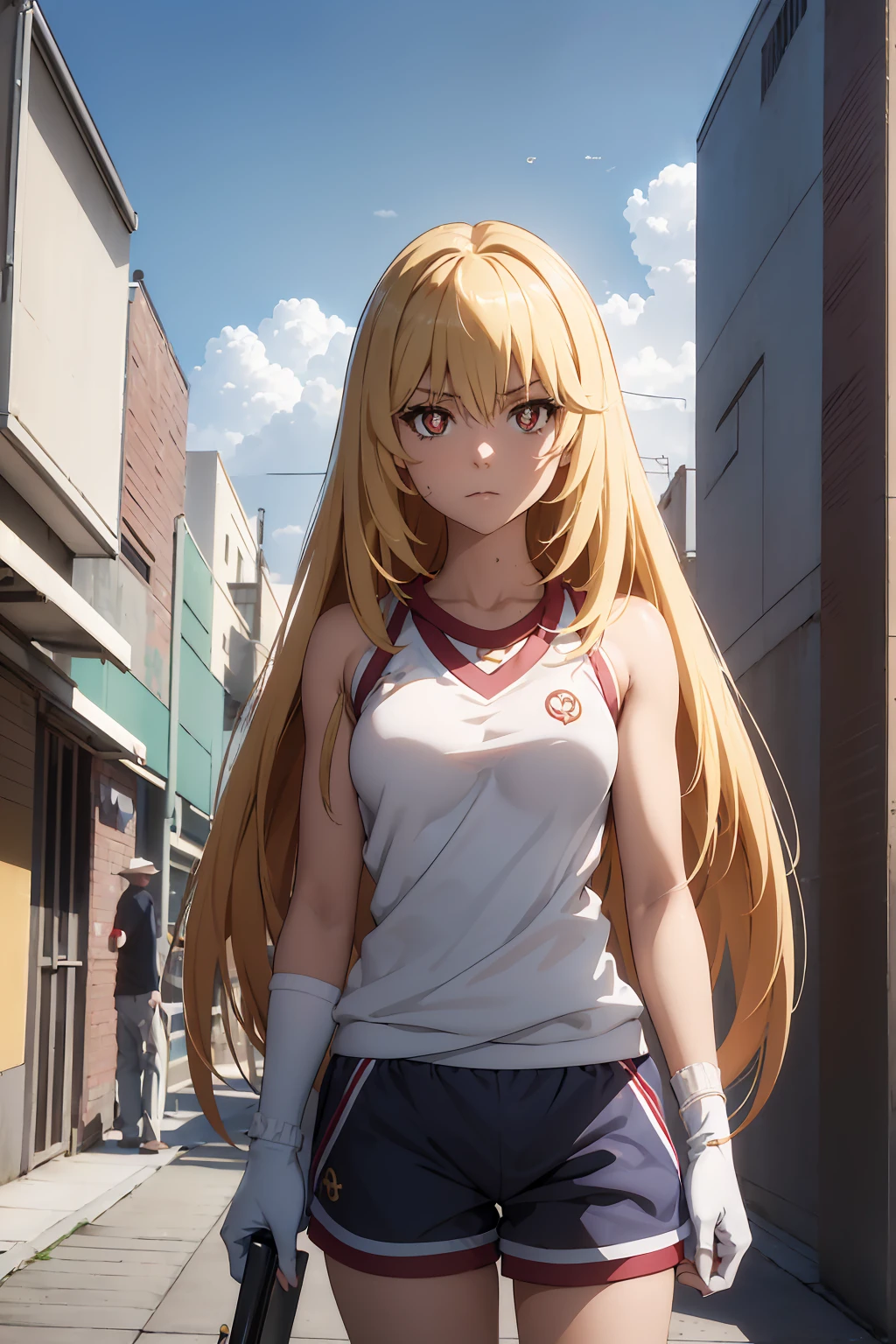 NSFW Highest quality, (masterpiece:1.2),{{shirtリフト}}　{{{{{topless}}}}＋＋,misakishokuhou, misaki shokuhou, blonde, Hair between the eyes, Long Hair, (Symbol-shaped pupil:1.5)＋＋, (Big Breasts), break bare shoulders, gloves, gym shirt, gym Shorts, Gym suit, shirt, short Shorts,  Gym suit, Shorts, White knee socks, break outdoor, city, null, sun, cloud, break looking at viewer, (Cowboy Shot:1.5), break (masterpiece:1.2), Highest quality, High resolution, unity 8k wallpaper, (shape:0.8), (Beautiful attention to detail:1.6), Highly detailed face, Perfect lighting, Extremely detailed CG, (Perfect hands, Perfect Anatomy),