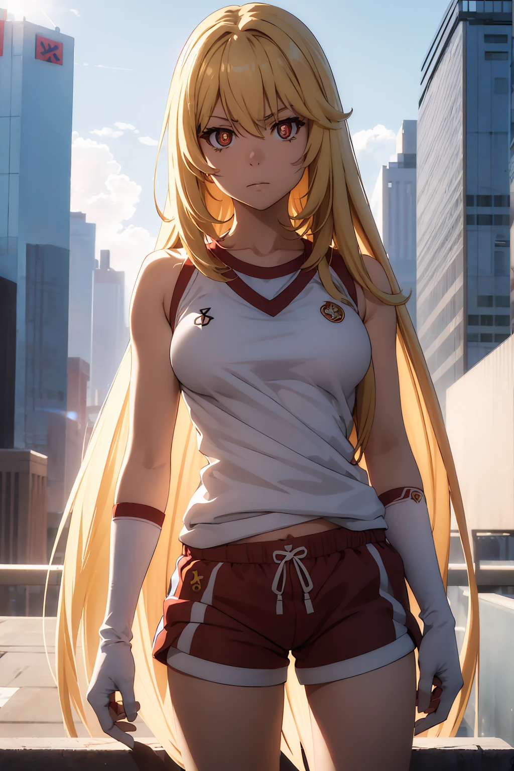 NSFW Highest quality, (masterpiece:1.2),{{shirtリフト}}　{{{{{topless}}}}＋＋,misakishokuhou, misaki shokuhou, blonde, Hair between the eyes, Long Hair, (Symbol-shaped pupil:1.5)＋＋, (Big Breasts), break bare shoulders, gloves, gym shirt, gym Shorts, Gym suit, shirt, short Shorts,  Gym suit, Shorts, White knee socks, break outdoor, city, null, sun, cloud, break looking at viewer, (Cowboy Shot:1.5), break (masterpiece:1.2), Highest quality, High resolution, unity 8k wallpaper, (shape:0.8), (Beautiful attention to detail:1.6), Highly detailed face, Perfect lighting, Extremely detailed CG, (Perfect hands, Perfect Anatomy),