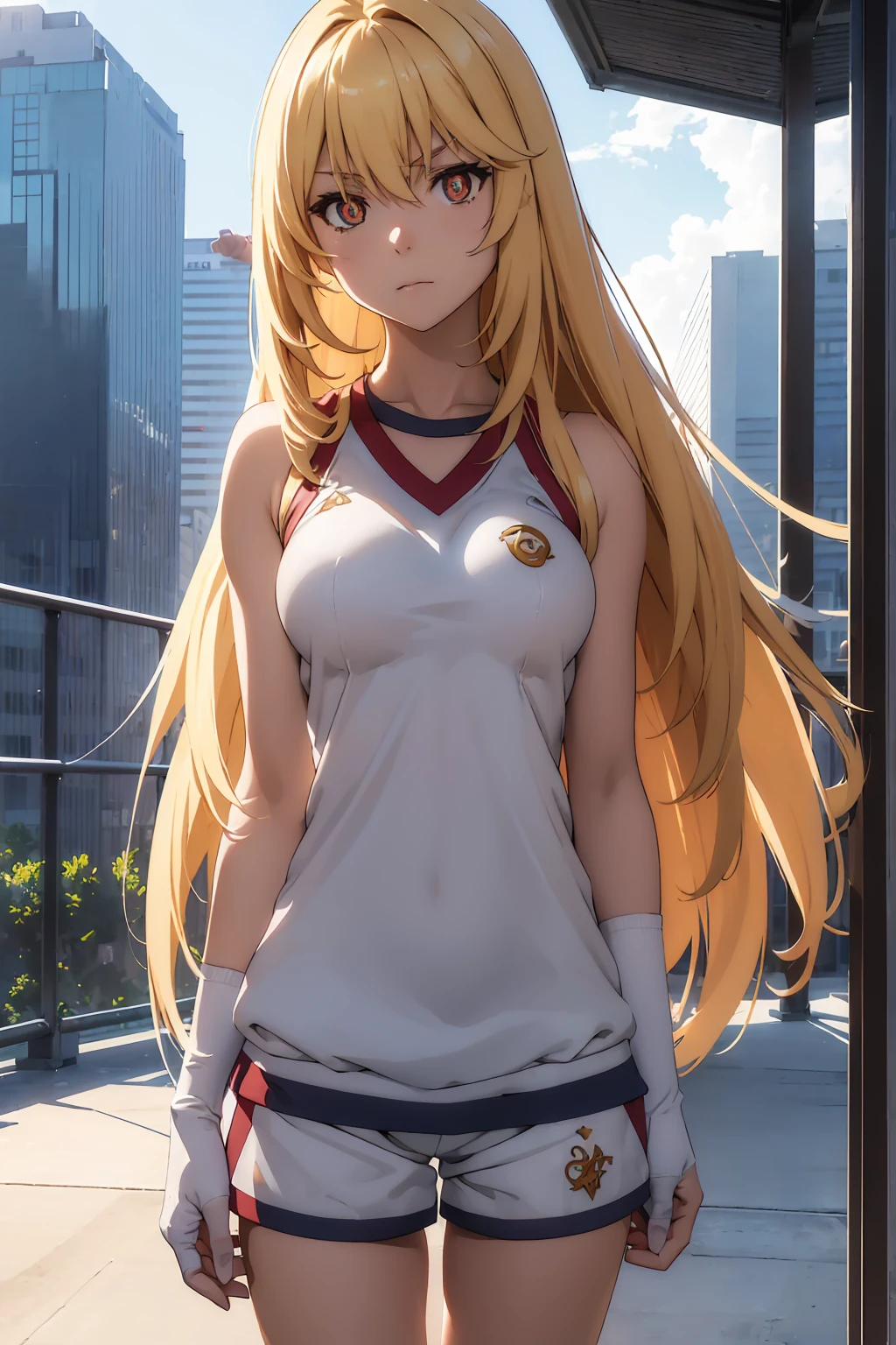 NSFW Highest quality, (masterpiece:1.2),{{shirtリフト}}　{{{{{topless}}}}＋＋,misakishokuhou, misaki shokuhou, blonde, Hair between the eyes, Long Hair, (Symbol-shaped pupil:1.5)＋＋, (Big Breasts), break bare shoulders, gloves, gym shirt, gym Shorts, Gym suit, shirt, short Shorts, Gym suit, Shorts, White knee socks, break outdoor, city, null, sun, cloud, break looking at viewer, (Cowboy Shot:1.5), break (masterpiece:1.2), Highest quality, High resolution, unity 8k wallpaper, (shape:0.8), (Beautiful attention to detail:1.6), Highly detailed face, Perfect lighting, Extremely detailed CG, (Perfect hands, Perfect Anatomy),