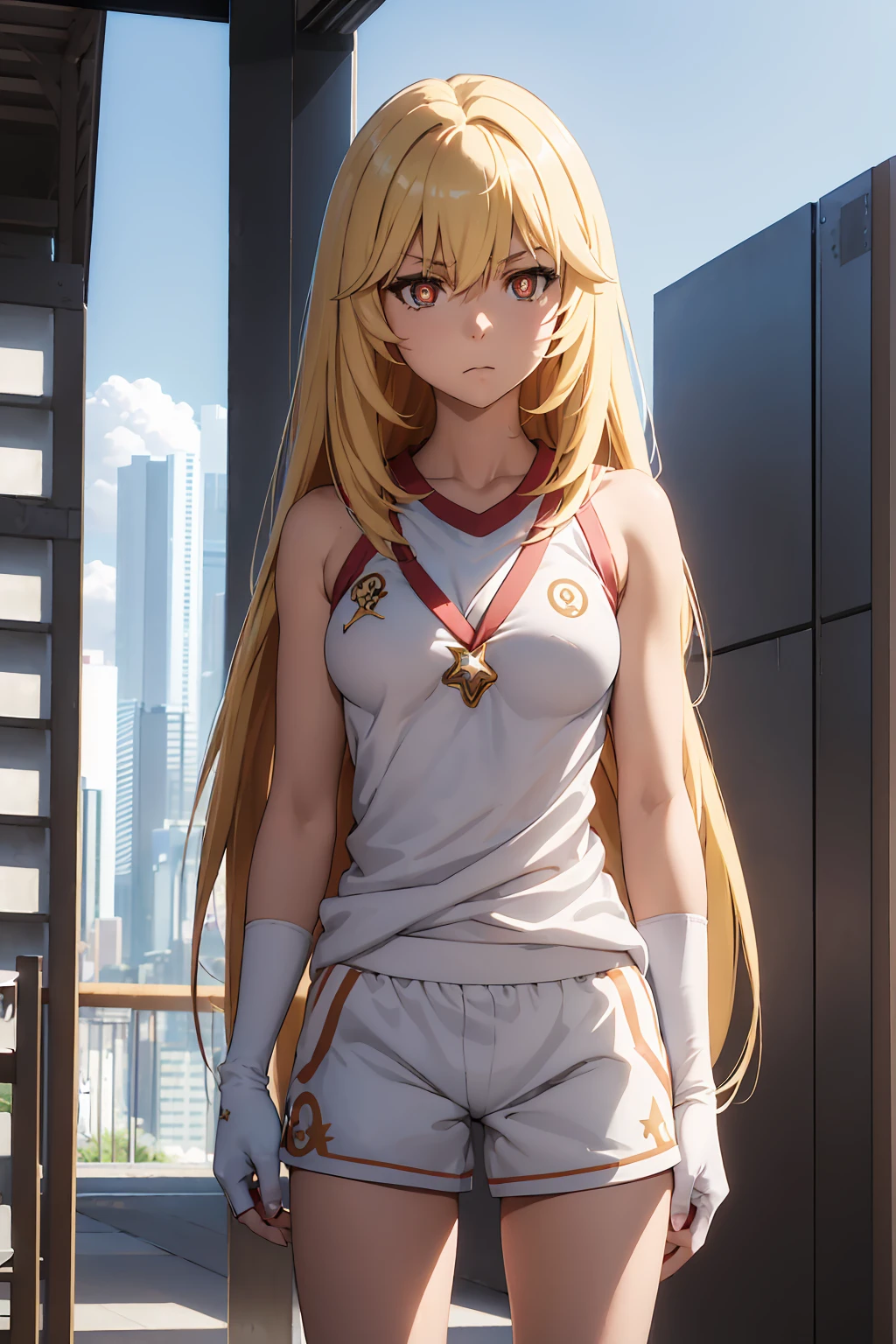 NSFW Highest quality, (masterpiece:1.2),{{shirtリフト}}　{{{{{topless}}}}＋＋,misakishokuhou, misaki shokuhou, blonde, Hair between the eyes, Long Hair, (Symbol-shaped pupil:1.5)＋＋, (Big Breasts), break bare shoulders, gloves, gym shirt, gym Shorts, Gym suit, shirt, short Shorts, Gym suit, Shorts, White knee socks, break outdoor, city, null, sun, cloud, break looking at viewer, (Cowboy Shot:1.5), break (masterpiece:1.2), Highest quality, High resolution, unity 8k wallpaper, (shape:0.8), (Beautiful attention to detail:1.6), Highly detailed face, Perfect lighting, Extremely detailed CG, (Perfect hands, Perfect Anatomy),