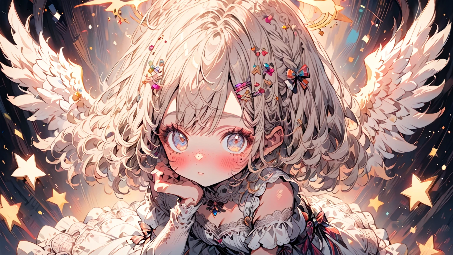 1girl, glowing halo above head, shoulder length short white blonde hair, angel wings, star eyes, skin texture, freckles, blush, eyelashes, jewelry, hairclip, lacy pink and white dress, thigh high socks with lace detail, colorful, simple illustration style, full body,