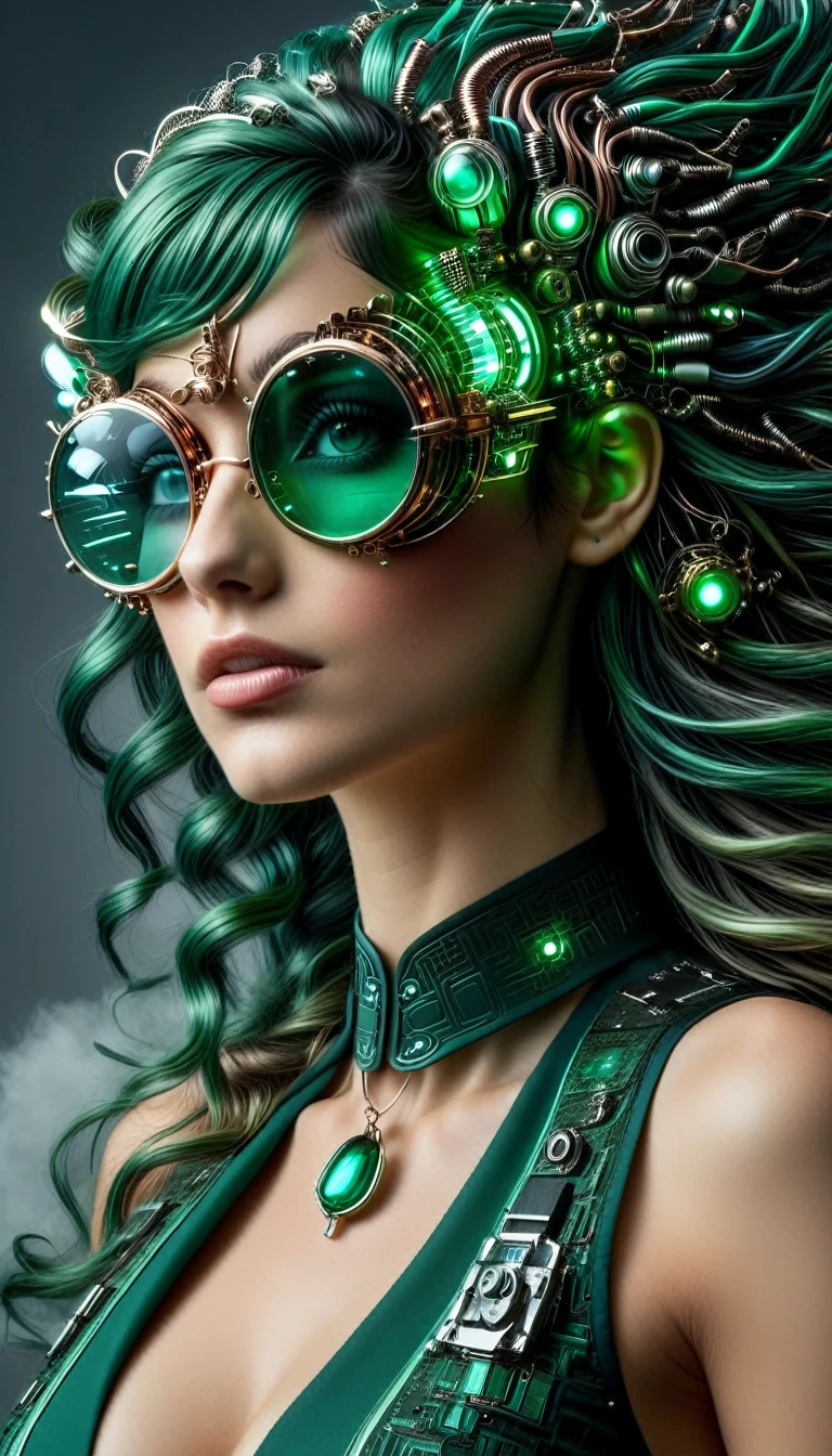 Un portrait hyperréaliste d’une sublime femme heureuse aux ยาว ผม vert sombre foncé, สวมชุดลูกไม้สีขาวพร้อมเครื่องประดับสไตล์สตีมพังค์, (เธอสวมแว่นตาที่ทำจากองค์ประกอบวงจรเทคโนโลยี : 1.8, ((แว่นตารูปทรงแฟร็กทัลพร้อมระบบที่ซับซ้อนที่เกิดจากหมาป่าและอุปกรณ์เสริมวงจรเทคโนโลยี)),système มาก détaillé), ผม_มาก_ยาว, ตั้งอยู่ในห้องสไตล์วิคตอเรียนที่มีองค์ประกอบทางกล, ดันทรงหน้าอกไม่ตัด , ดูเข้มข้นและเย้ายวน 