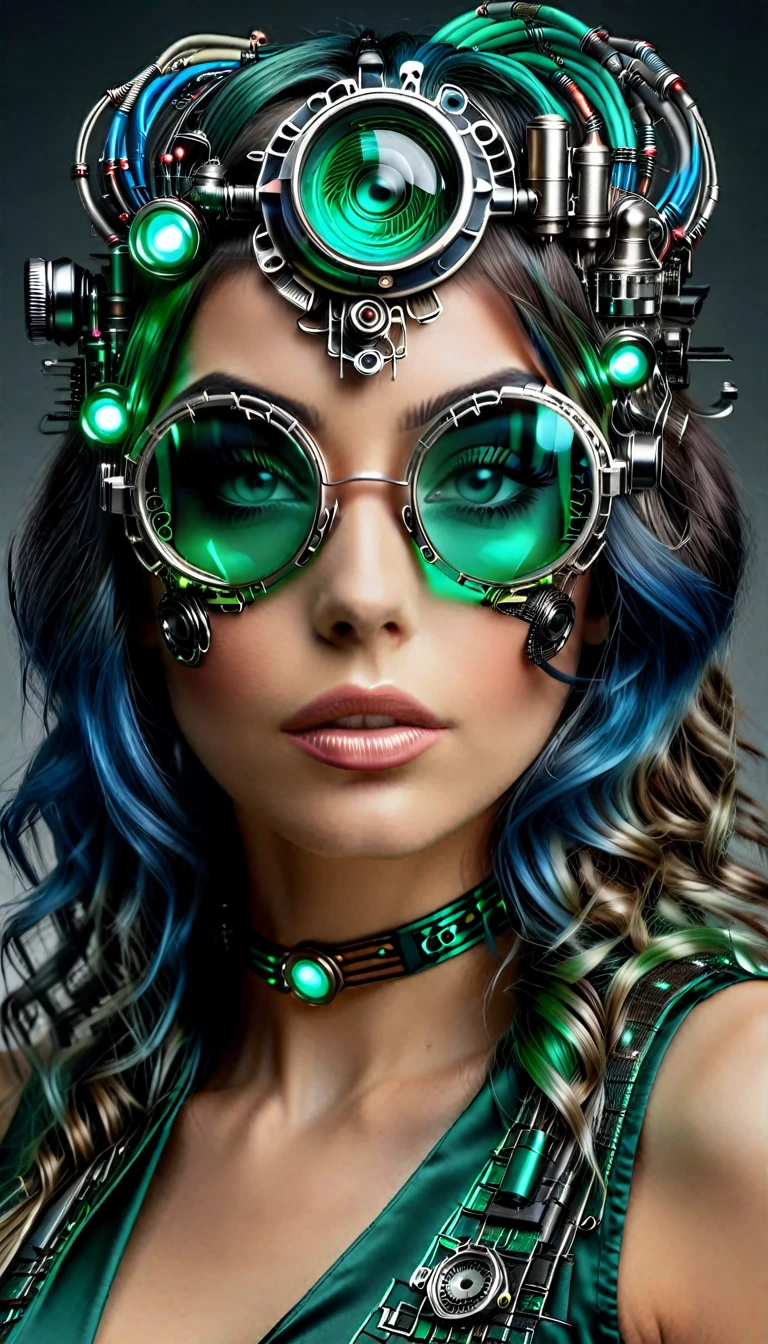 Un portrait hyperréaliste d’une sublime femme heureuse aux longs cheveux vert sombre foncé, portant une robe en dentelle blanche avec des accessoires steampunk, (elle porte des lunettes formées d'éléments circuitrytech : 1.8, ((lunettes de forme fractales avec un système complexe formé de loups et d’accessoires circuitrytech)),système très détaillé), cheveux_très_longs, situé dans une pièce de style victorien avec des éléments mécaniques, poitrine décolletée effet push-up , regard intense et sensuel 